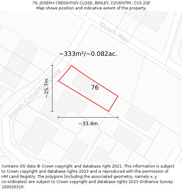 76, JOSEPH CREIGHTON CLOSE, BINLEY, COVENTRY, CV3 2QF: Plot and title map