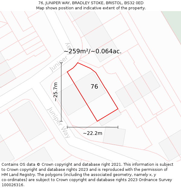 76, JUNIPER WAY, BRADLEY STOKE, BRISTOL, BS32 0ED: Plot and title map