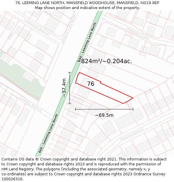 76, LEEMING LANE NORTH, MANSFIELD WOODHOUSE, MANSFIELD, NG19 9EP: Plot and title map