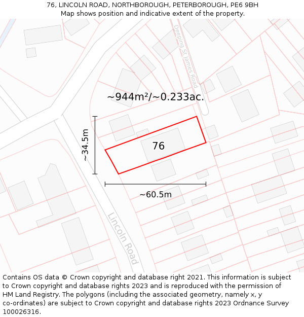 76, LINCOLN ROAD, NORTHBOROUGH, PETERBOROUGH, PE6 9BH: Plot and title map