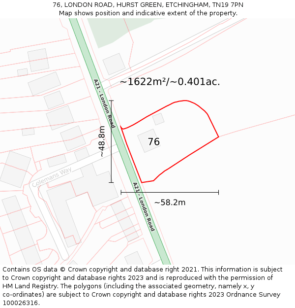 76, LONDON ROAD, HURST GREEN, ETCHINGHAM, TN19 7PN: Plot and title map