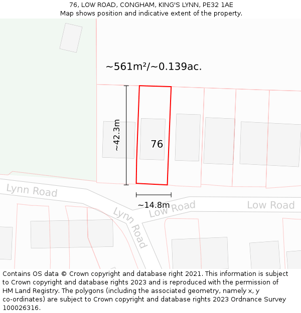 76, LOW ROAD, CONGHAM, KING'S LYNN, PE32 1AE: Plot and title map