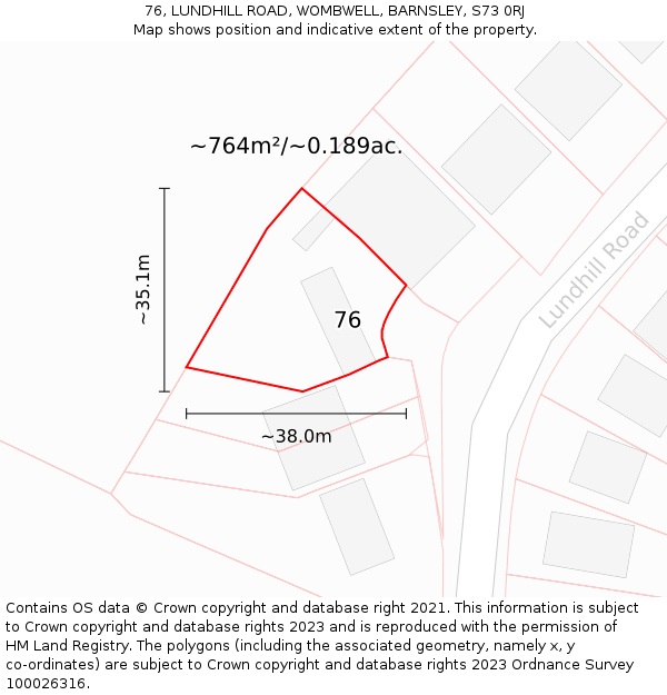 76, LUNDHILL ROAD, WOMBWELL, BARNSLEY, S73 0RJ: Plot and title map