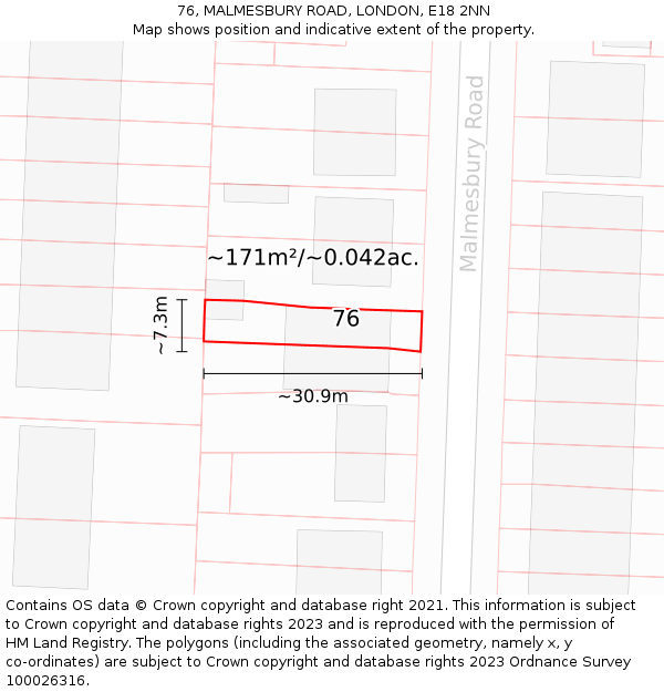 76, MALMESBURY ROAD, LONDON, E18 2NN: Plot and title map