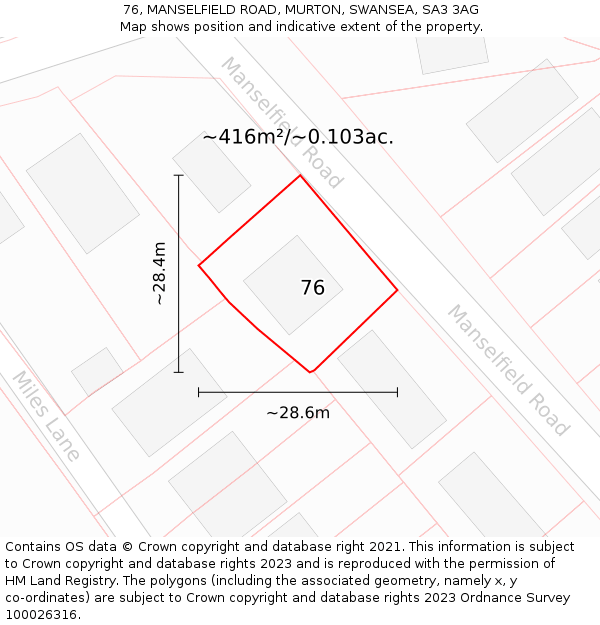 76, MANSELFIELD ROAD, MURTON, SWANSEA, SA3 3AG: Plot and title map