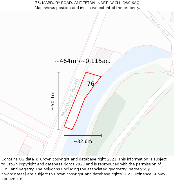 76, MARBURY ROAD, ANDERTON, NORTHWICH, CW9 6AQ: Plot and title map