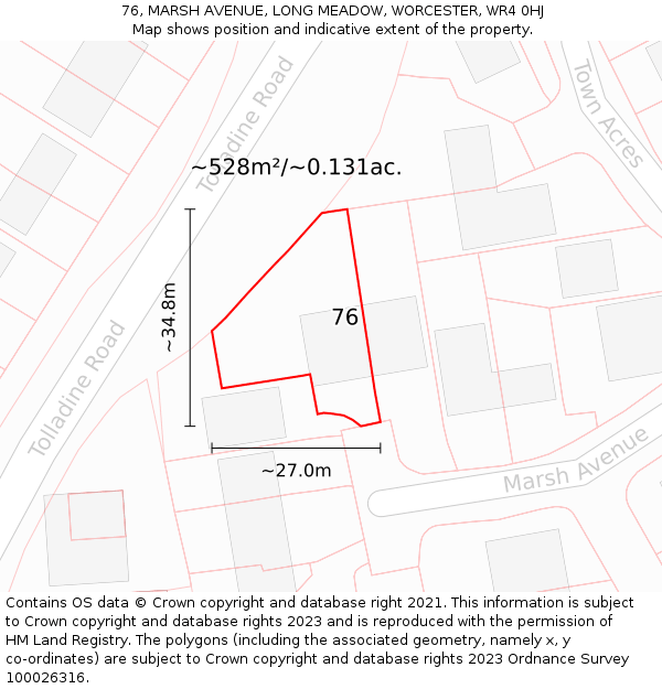 76, MARSH AVENUE, LONG MEADOW, WORCESTER, WR4 0HJ: Plot and title map