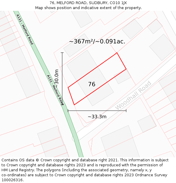 76, MELFORD ROAD, SUDBURY, CO10 1JX: Plot and title map