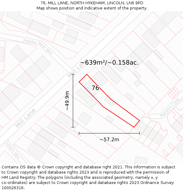 76, MILL LANE, NORTH HYKEHAM, LINCOLN, LN6 9PD: Plot and title map