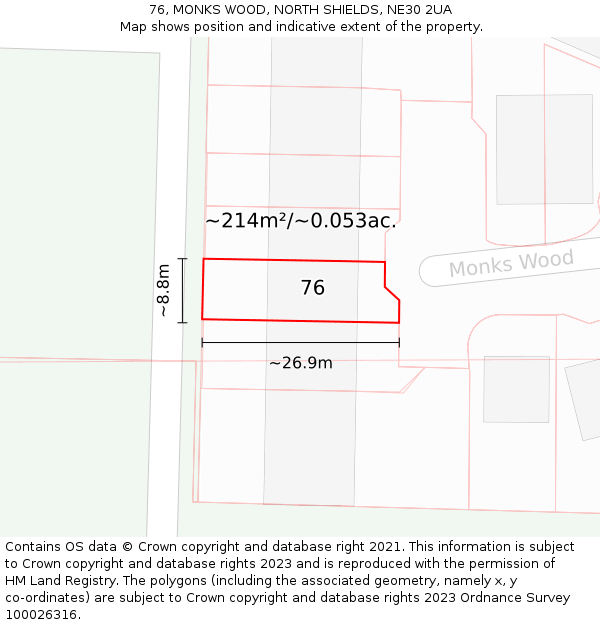 76, MONKS WOOD, NORTH SHIELDS, NE30 2UA: Plot and title map