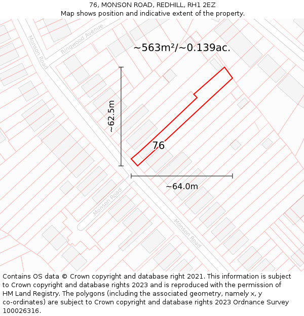 76, MONSON ROAD, REDHILL, RH1 2EZ: Plot and title map