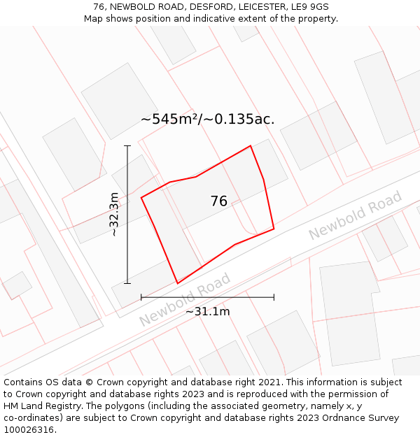 76, NEWBOLD ROAD, DESFORD, LEICESTER, LE9 9GS: Plot and title map