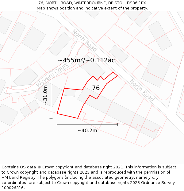 76, NORTH ROAD, WINTERBOURNE, BRISTOL, BS36 1PX: Plot and title map