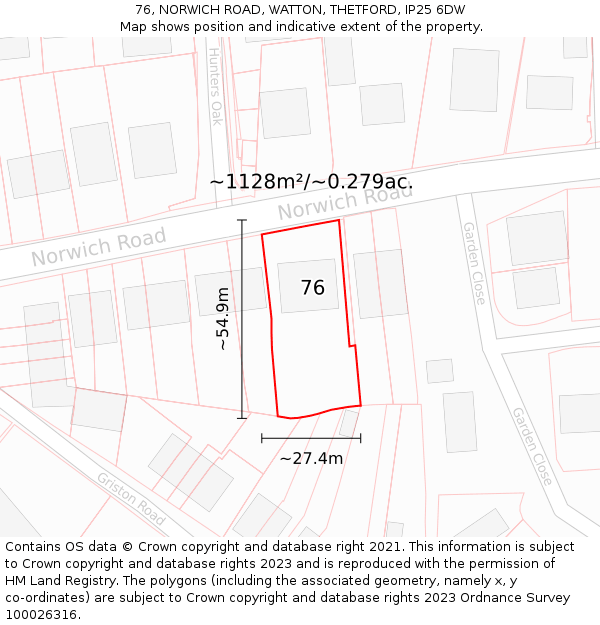 76, NORWICH ROAD, WATTON, THETFORD, IP25 6DW: Plot and title map