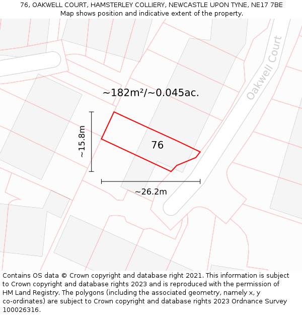 76, OAKWELL COURT, HAMSTERLEY COLLIERY, NEWCASTLE UPON TYNE, NE17 7BE: Plot and title map