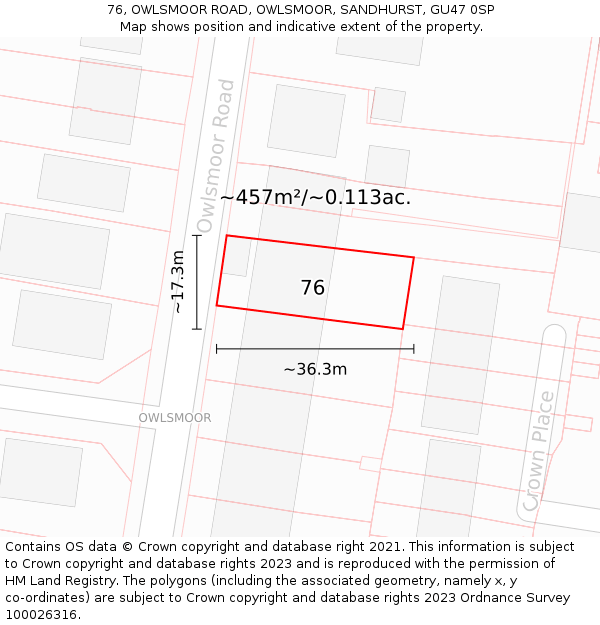 76, OWLSMOOR ROAD, OWLSMOOR, SANDHURST, GU47 0SP: Plot and title map