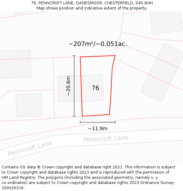 76, PENNCROFT LANE, DANESMOOR, CHESTERFIELD, S45 9HN: Plot and title map