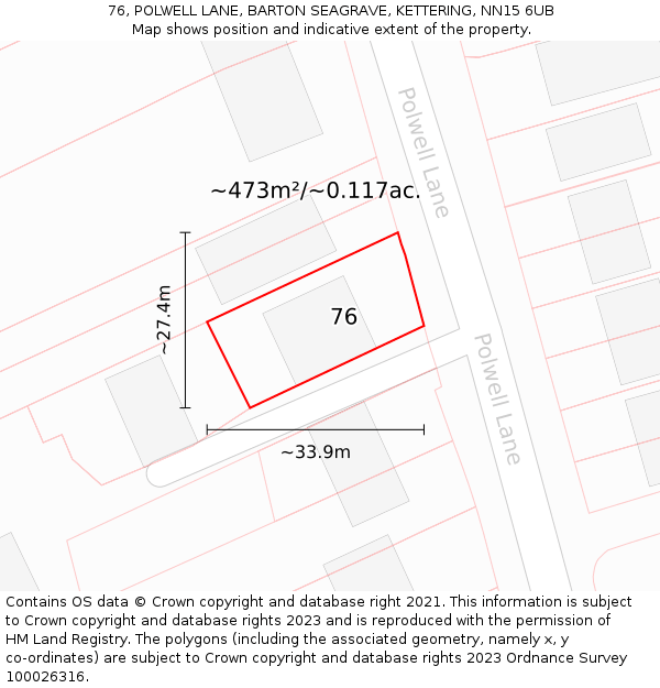 76, POLWELL LANE, BARTON SEAGRAVE, KETTERING, NN15 6UB: Plot and title map