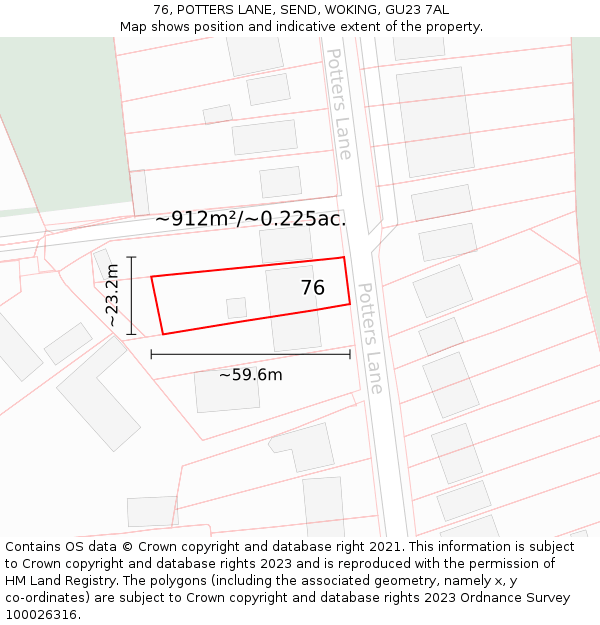 76, POTTERS LANE, SEND, WOKING, GU23 7AL: Plot and title map