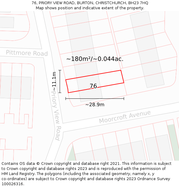 76, PRIORY VIEW ROAD, BURTON, CHRISTCHURCH, BH23 7HQ: Plot and title map