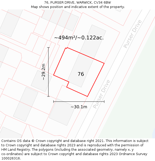 76, PURSER DRIVE, WARWICK, CV34 6BW: Plot and title map