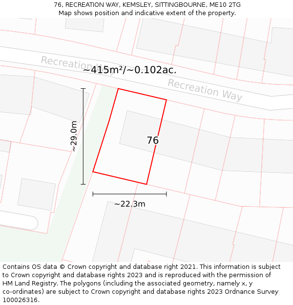 76, RECREATION WAY, KEMSLEY, SITTINGBOURNE, ME10 2TG: Plot and title map