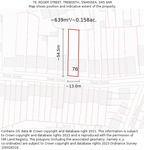 76, ROGER STREET, TREBOETH, SWANSEA, SA5 9AR: Plot and title map