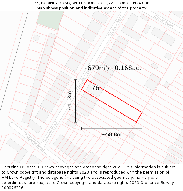 76, ROMNEY ROAD, WILLESBOROUGH, ASHFORD, TN24 0RR: Plot and title map