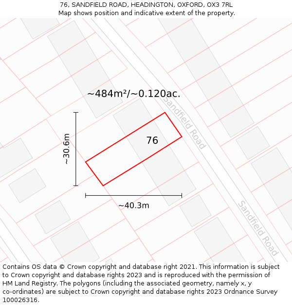 76, SANDFIELD ROAD, HEADINGTON, OXFORD, OX3 7RL: Plot and title map