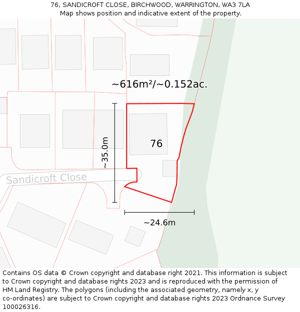 76, SANDICROFT CLOSE, BIRCHWOOD, WARRINGTON, WA3 7LA: Plot and title map