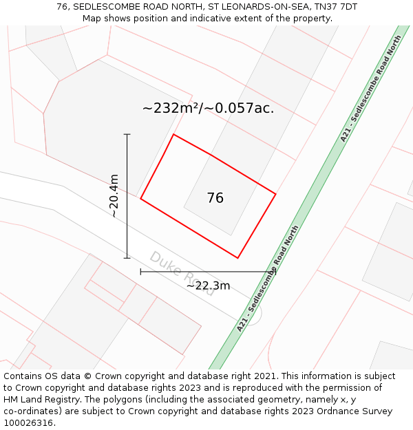 76, SEDLESCOMBE ROAD NORTH, ST LEONARDS-ON-SEA, TN37 7DT: Plot and title map