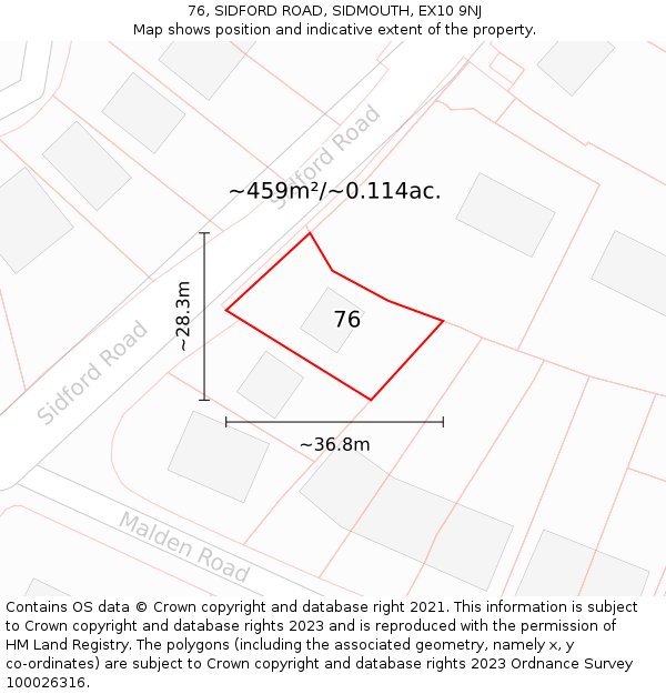 76, SIDFORD ROAD, SIDMOUTH, EX10 9NJ: Plot and title map