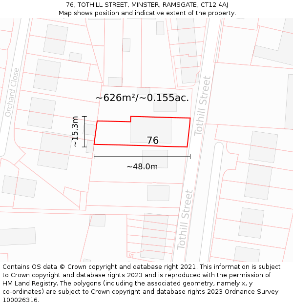 76, TOTHILL STREET, MINSTER, RAMSGATE, CT12 4AJ: Plot and title map