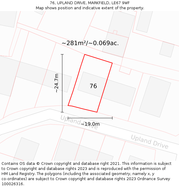 76, UPLAND DRIVE, MARKFIELD, LE67 9WF: Plot and title map