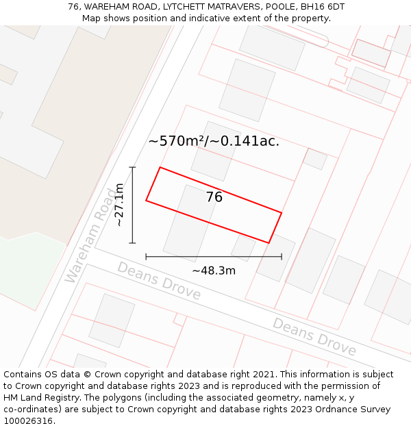 76, WAREHAM ROAD, LYTCHETT MATRAVERS, POOLE, BH16 6DT: Plot and title map