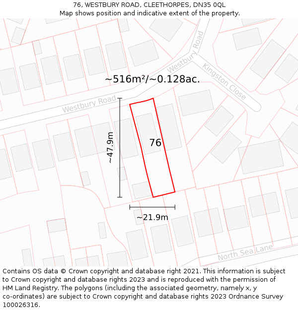 76, WESTBURY ROAD, CLEETHORPES, DN35 0QL: Plot and title map