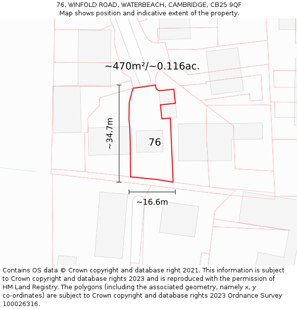 76, WINFOLD ROAD, WATERBEACH, CAMBRIDGE, CB25 9QF: Plot and title map