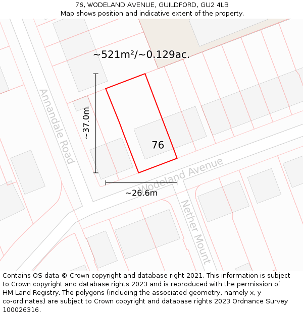 76, WODELAND AVENUE, GUILDFORD, GU2 4LB: Plot and title map