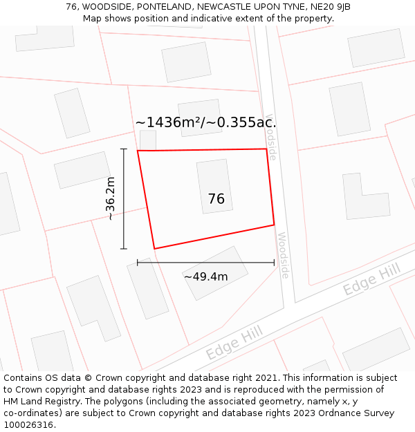 76, WOODSIDE, PONTELAND, NEWCASTLE UPON TYNE, NE20 9JB: Plot and title map