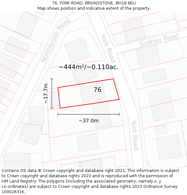 76, YORK ROAD, BROADSTONE, BH18 8EU: Plot and title map