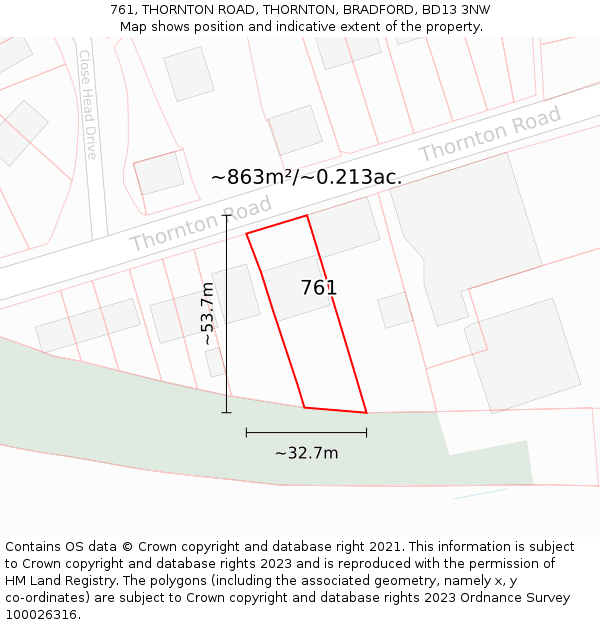 761, THORNTON ROAD, THORNTON, BRADFORD, BD13 3NW: Plot and title map