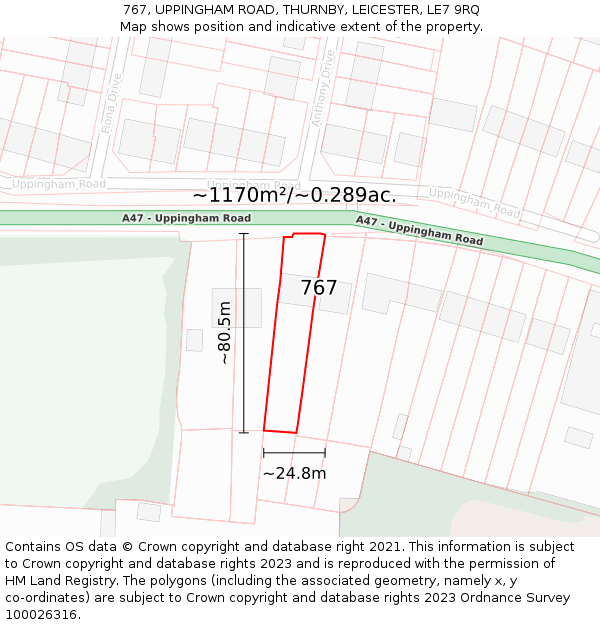 767, UPPINGHAM ROAD, THURNBY, LEICESTER, LE7 9RQ: Plot and title map