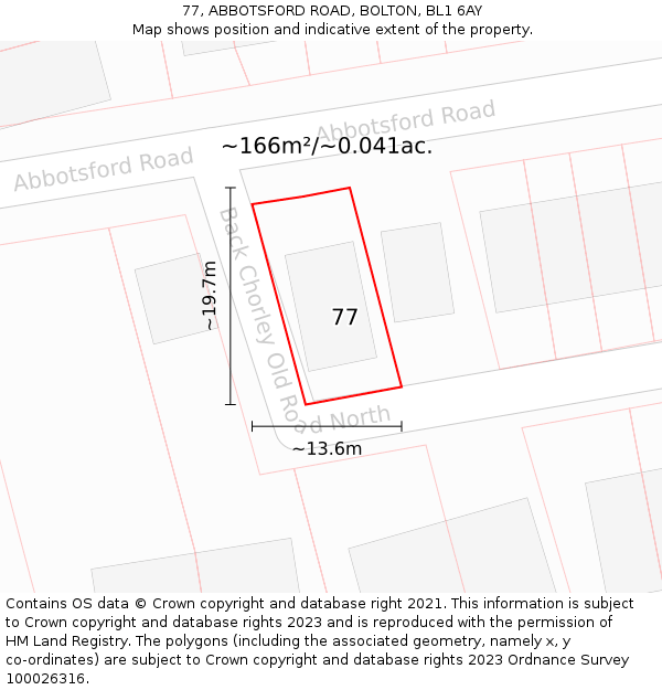 77, ABBOTSFORD ROAD, BOLTON, BL1 6AY: Plot and title map