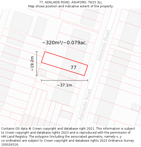 77, ADELAIDE ROAD, ASHFORD, TW15 3LL: Plot and title map