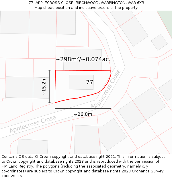 77, APPLECROSS CLOSE, BIRCHWOOD, WARRINGTON, WA3 6XB: Plot and title map