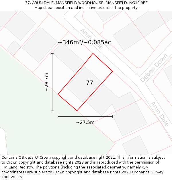 77, ARUN DALE, MANSFIELD WOODHOUSE, MANSFIELD, NG19 9RE: Plot and title map