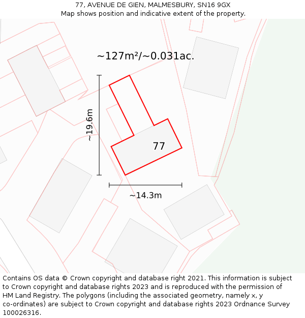 77, AVENUE DE GIEN, MALMESBURY, SN16 9GX: Plot and title map