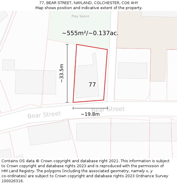 77, BEAR STREET, NAYLAND, COLCHESTER, CO6 4HY: Plot and title map