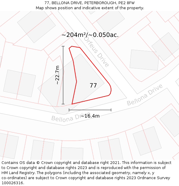 77, BELLONA DRIVE, PETERBOROUGH, PE2 8FW: Plot and title map