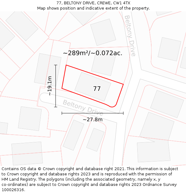 77, BELTONY DRIVE, CREWE, CW1 4TX: Plot and title map